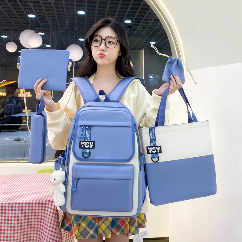 High appearance level backpack, versatile, high school ins simple campus backpack five-piece set, junior high school girl large capacity full figure