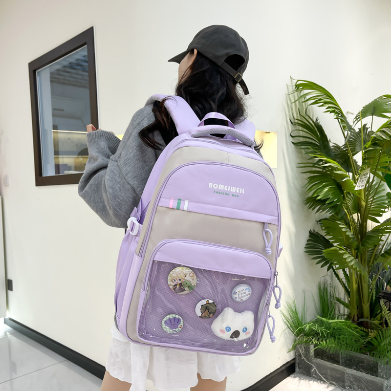 Korean school style versatile and fashionable schoolbag, high appearance level, large-capacity casual color-blocking backpack, lightweight and transparent backpack details Picture