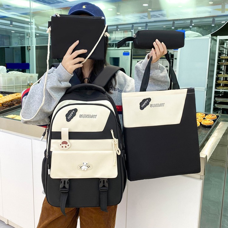 Junior high school backpack for girls, Korean version Harajuku large capacity four-piece set, middle school backpack with high appearance level, college student schoolbag Application Scenario