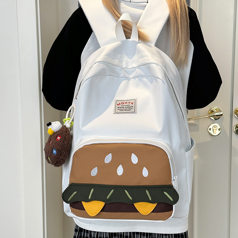 Cute and ugly hamburger large-capacity schoolbag for female students, cartoon niche backpack, fresh and light forest-style backpack for girls details Picture