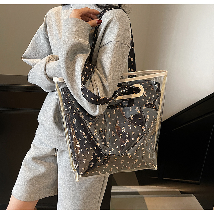 Versatile casual Tote bag 2025 Summer New style floral canvas pu bag Large capacity transparent fashionable single-shoulder bag details Picture