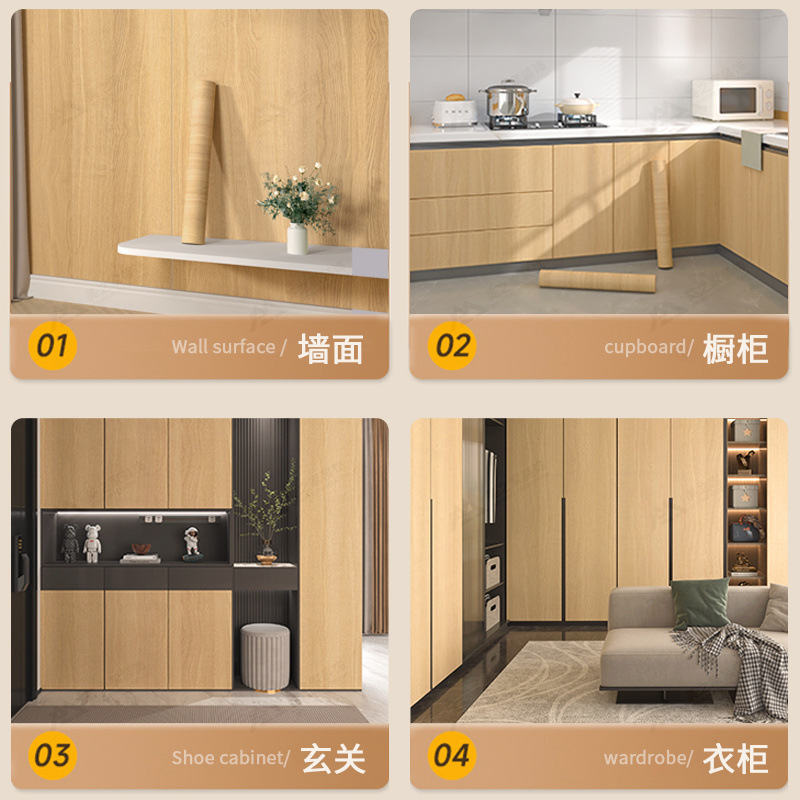 Retro wood grain aluminum foil stickers, self-adhesive wallpaper, waterproof and moisture-proof, wardrobe, table, wooden door stickers, furniture color change and renovation stickers Application Scenario