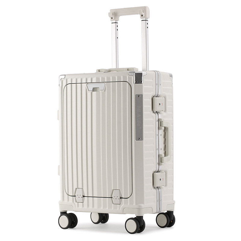 PC aluminum frame trolley case, multi-functional front-opening suitcase, swivel wheel suitcase, folding cup holder, 20-inch registration case Specification drawing