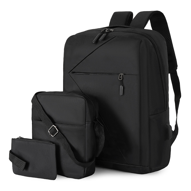 Large-capacity business computer backpack, simple men's casual backpack, three-piece set, fashionable and trendy college student schoolbag details Picture
