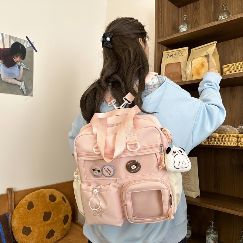 School-style dual-purpose backpack, Japanese-style ins cute large-capacity hand-held crossbody bag, versatile transparent smug pain bag details Picture