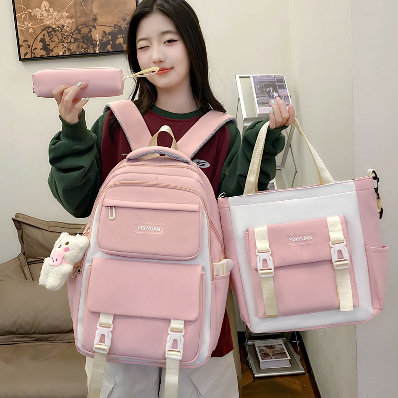 A new high-capacity, lightweight junior high school backpack for girls, a three-piece set with a high appearance level, a color-matched high school backpack for cross-border use full figure