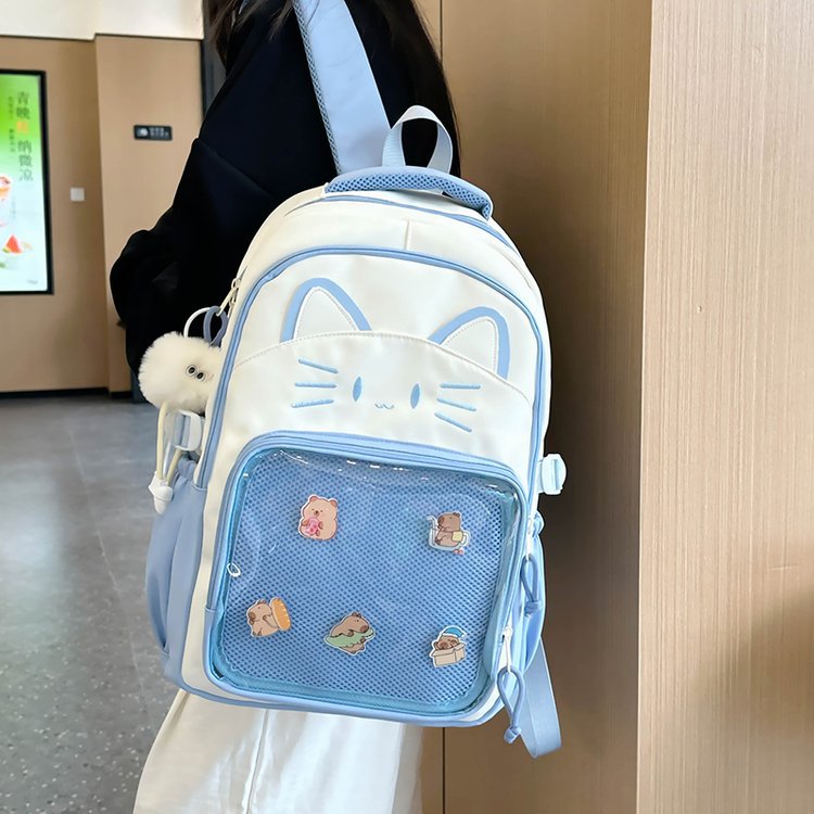 Japanese-style Instagram cute cat backpacks for girls, transparent smudging pain bags, new large-capacity schoolbags for middle school students Specification drawing
