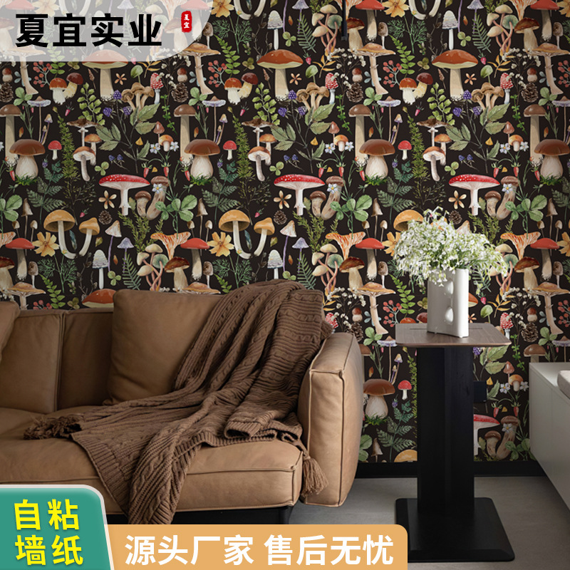 New Red fungus wallpaper self-adhesive TV background wall paper, household self-adhesive pvc wallpaper wholesale decorative painting wall fabric full figure