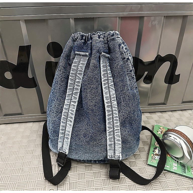 Factory drawstring backpack, letter fashion, denim drawstring pocket, light and simple, foldable canvas backpack Specification drawing