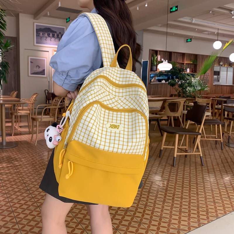 Japanese-style ins color-blocking checkered schoolbag for girls, high school and college students, travel backpack, mommy bag, lightweight and small backpack details Picture