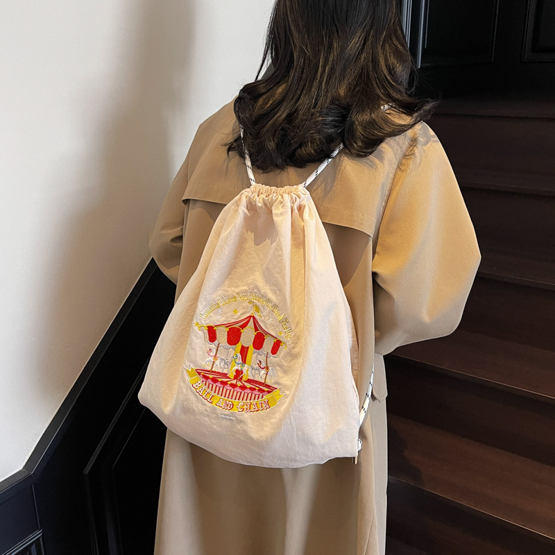 A new Japanese-style trendy fashion backpack, cute cartoon, eco-friendly, drawstring, large-capacity embroidered casual student bag details Picture