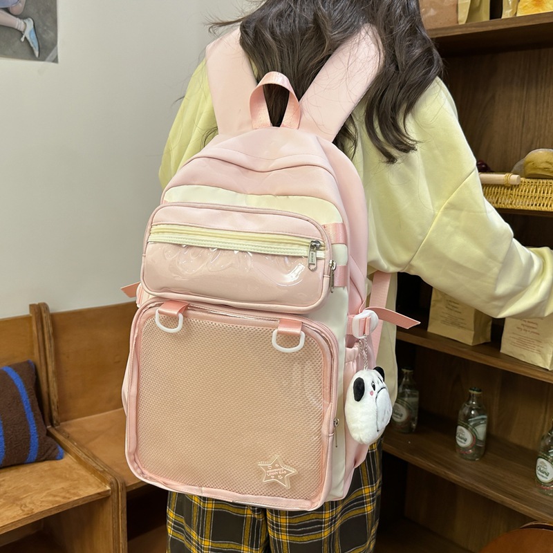 Forest-style large-capacity backpack for girls, ins school style soft girl, versatile transparent pain bag for girls, student class backpack details Picture