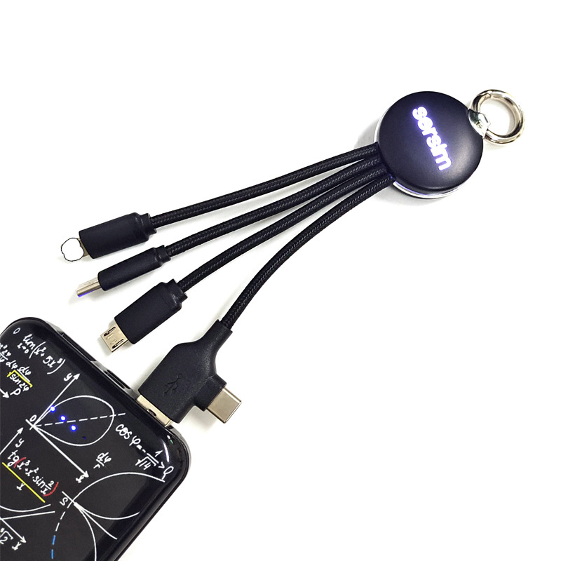 Business gift: 2-drag 3-meter data cable with LOGO, dual-input 2-drag 3-meter charging cable, keychain, led data cable Application Scenario