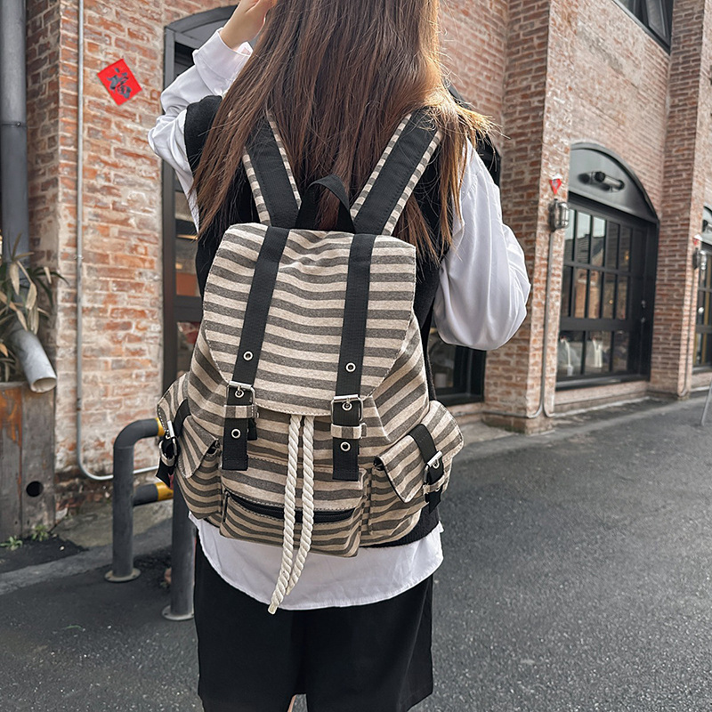 Versatile striped bag cover backpack, retro casual functional large-capacity Korean-style schoolbag, casual niche single-shoulder bag full figure