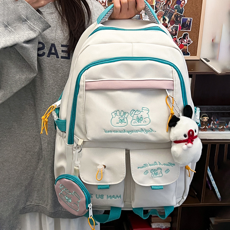 New Japanese-style ins high-appearance-level primary school student embroidered backpacks and large-capacity color-blocking middle school student backpacks details Picture