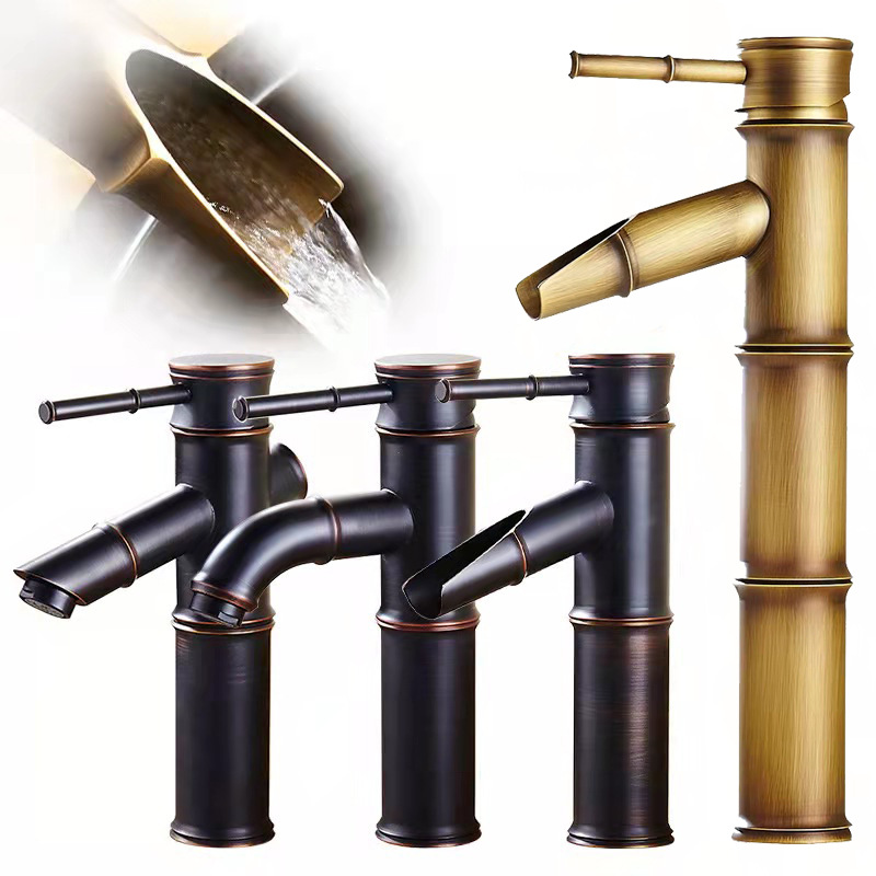 Black antique bamboo joint faucet, artistic basin, washbasin, cold and hot water faucet, all-copper countertop basin faucet full figure