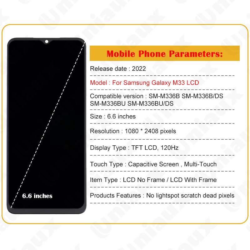 The M336B LCD integrated internal and external display screen is suitable for the Samsung Sumsung M33 M336 screen assembly Specification drawing