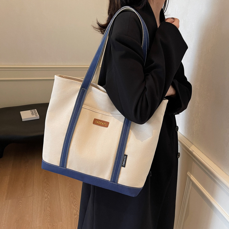 Large-capacity canvas bag, versatile for women in spring and summer, 2025 new style casual single-shoulder cloth bag, college student tote bag for class full figure