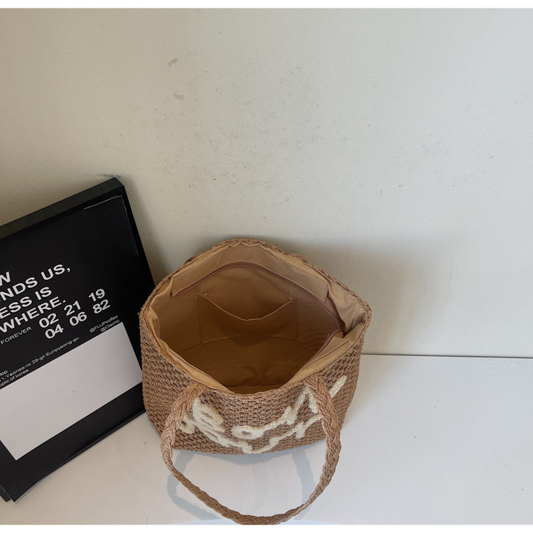 Letter-embroidered woven bag for women, Spring/Summer 2025 new vacation-style hollowed-out single-shoulder bag, fashionable and simple beach bag Specification drawing