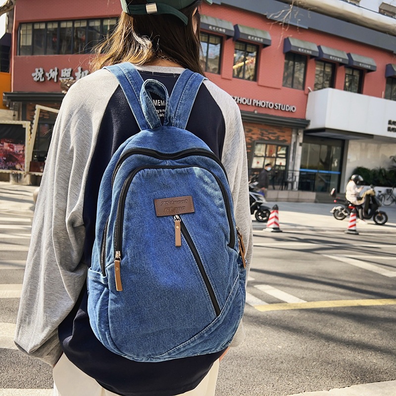 Schoolbag girls' ins style Japanese simple washable denim high school backpack laid-back style college students' trendy backpack full figure