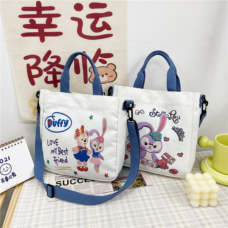 Canvas bag girl 2024 new single-shoulder college student schoolbag, Japanese-style cute cartoon lightweight handbag full figure