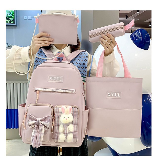 New Japanese-style simple girls' bag, casual student backpack, Harajuku style four-piece set, backpack, multi-functional handbag details Picture