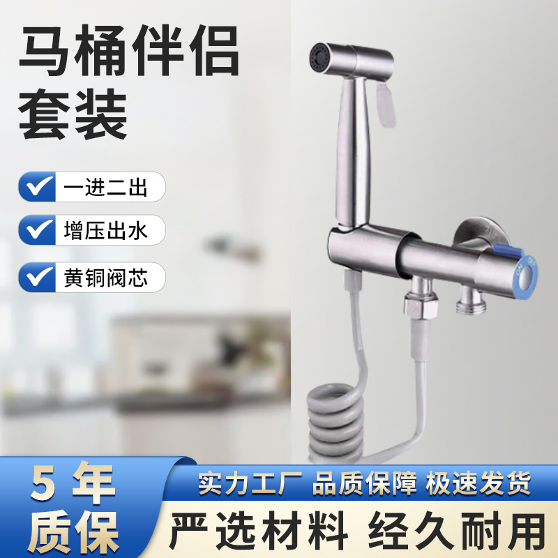 304 stainless steel toilet spray gun, one inlet and two outlet Angle valve, hanging seat, non-drilling base, filter, high-pressure cleaning set full figure