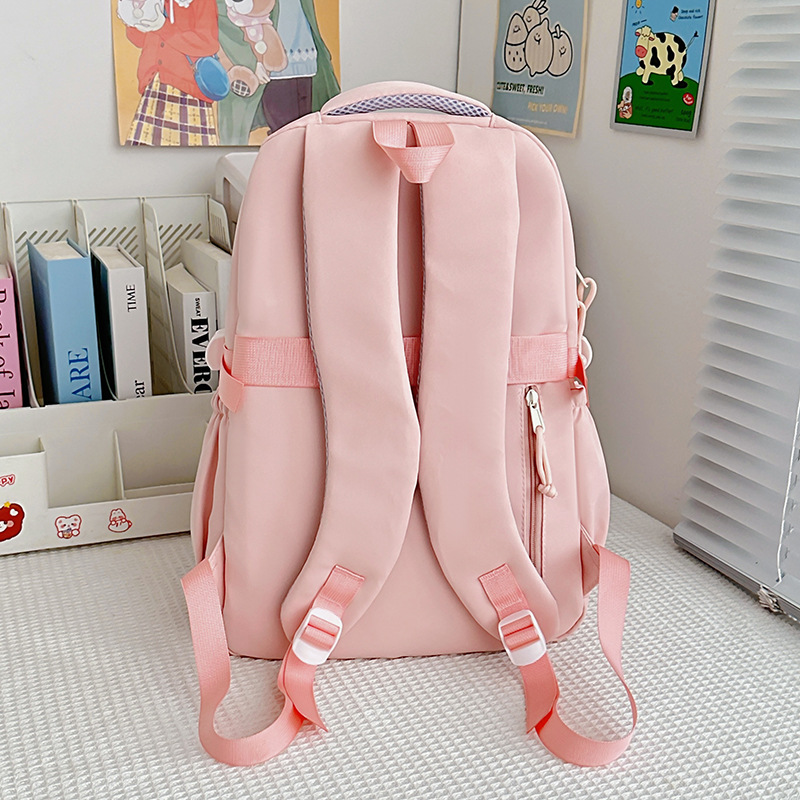 A new Japanese-style backpack with a high level of appearance, fresh and sweet, color-blocking and patchwork style, and a large capacity backpack for junior and senior high school students Specification drawing