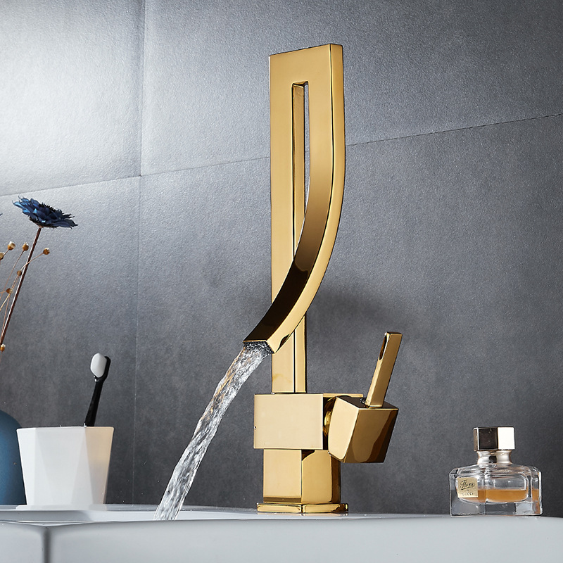 All-copper creative rotatable golden countertop basin, washbasin, hot and cold water faucet, modern kitchen sink, waterfall-style faucet Application Scenario