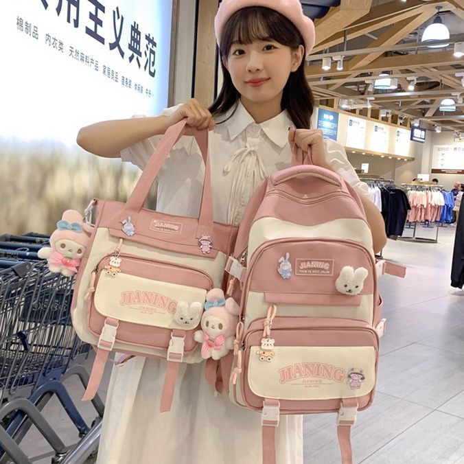 Korean style cute girl Instagram style large-capacity two-piece schoolbag set for primary school students from grades three to six, color-blocking and patchwork backpack details Picture