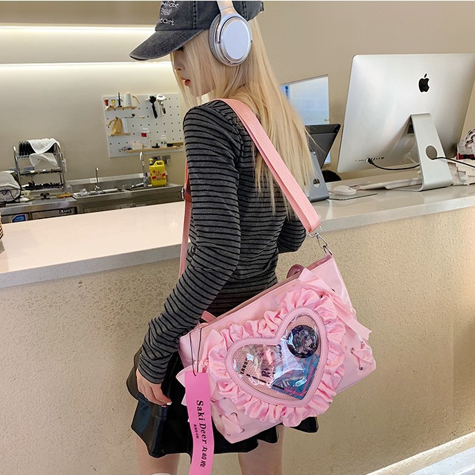 New Japanese-style Instagram sweet and cool girls' 2D transparent pain bag, single-shoulder bag, heart lace ballet-style underarm bag details Picture