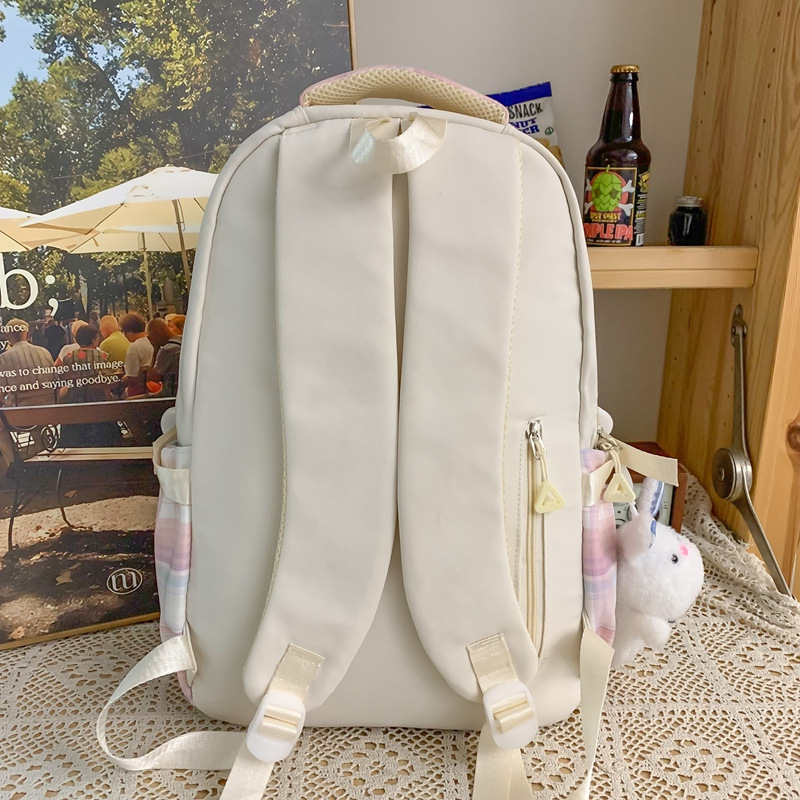 College-style female checkered backpack, large-capacity color-blocking schoolbag for junior and senior high school students, versatile two-piece backpack set for primary school students Specification drawing