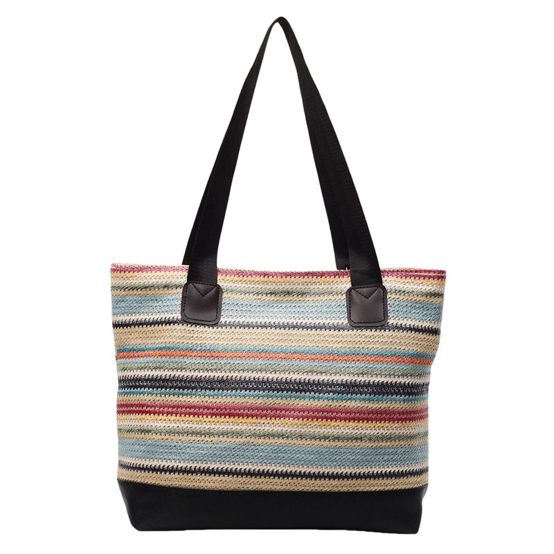 Rainbow woven bag, women's large-capacity straw woven bag, summer seaside leisure vacation commuting single-shoulder tote bag, beach bag Item Picture