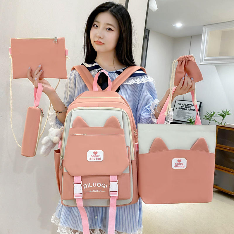 "Schoolbag Girl bags: A new Korean-style cute backpack for primary school students, a large-capacity school backpack set of five pieces. Specification drawing