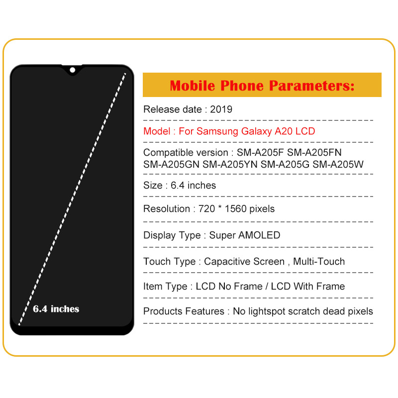 It is compatible with the original LCD display of the Samsung A20 / A205 screen assembly, featuring an integrated inner and outer screen Application Scenario