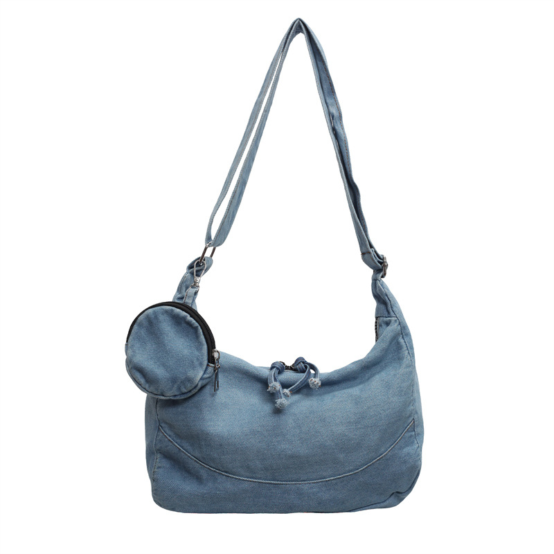 Korean retro and laid-back feng shui washed denim bag, niche design, versatile for daily use, commuting, shopping, crossbody messenger bag Item Picture