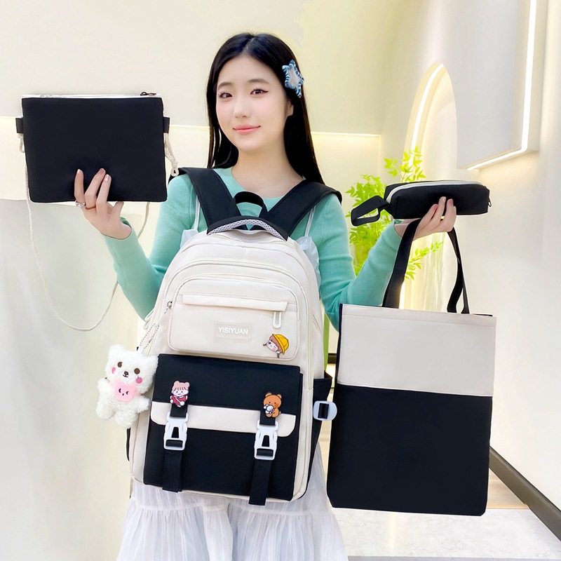 Foreign trade fresh and clean large-capacity junior high school schoolbag for girls, casual, durable and lightening backpack, ins style three-piece set schoolbag full figure