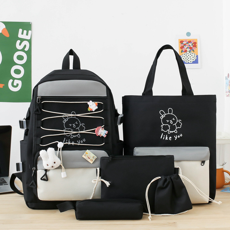 Two-color Korean-style fashionable backpack for women, lightweight and large-capacity student schoolbag set, casual travel backpack four-piece set Specification drawing