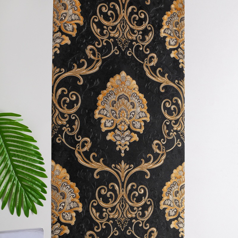 Pure black 3D European-style large floral wallpaper for restaurant, hotel, KTV and bar background walls, luxurious deep blue embossed wallpaper full figure
