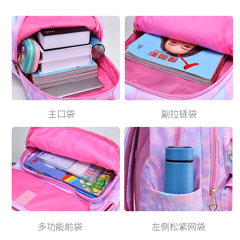 The new 2023 gradient multi-color children's schoolbag with large capacity, reducing burden and protecting the spine, is a backpack for primary school students from grades 1 to 6 Application Scenario