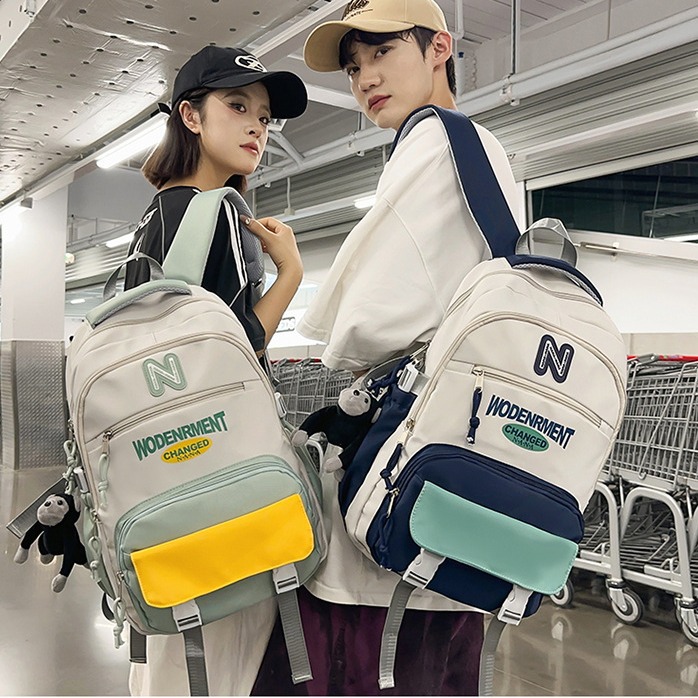 Middle school backpack: Girls' multi-layered color-blocked Hong Kong-style trendy backpack, boys' cool work style high school schoolbag details Picture