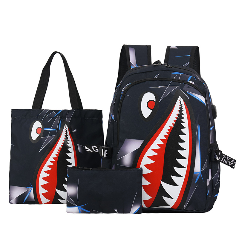 Cute shark set schoolbag, trendy new style, personalized and creative men's and women's backpack, three-piece backpack set for junior high school campus Item Picture