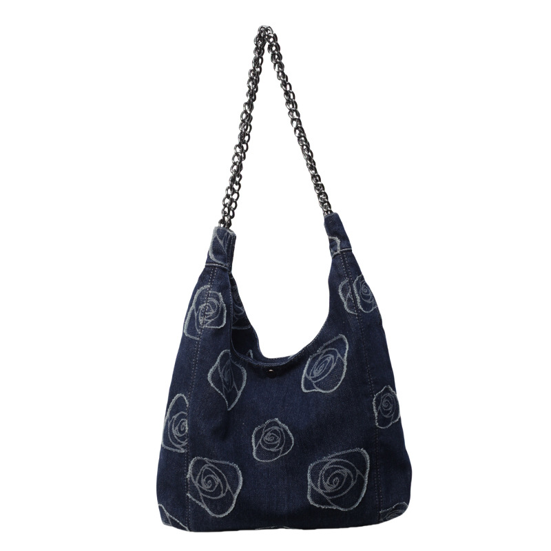 Original homemade rose denim color-blocking drawstring bag, dopamine chain bag, a laid-back and trendy crossbody bag for a strong female lead Item Picture