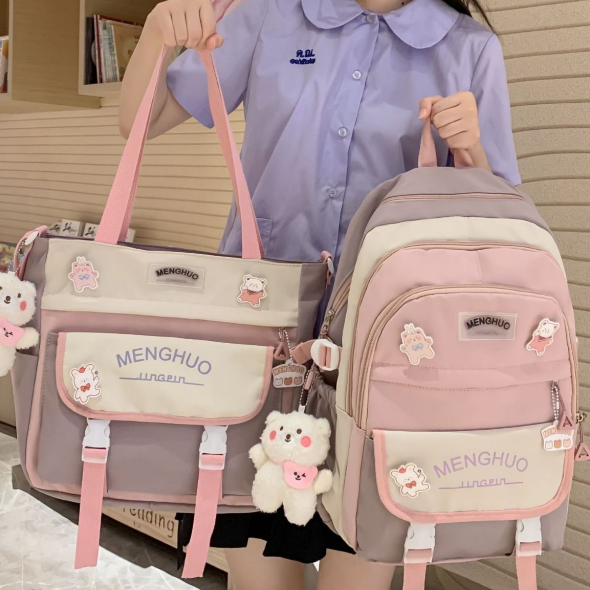 High appearance level, large-capacity forest-style backpack for junior high school students, sturdy and durable Korean version, two-piece backpack set for primary school students full figure