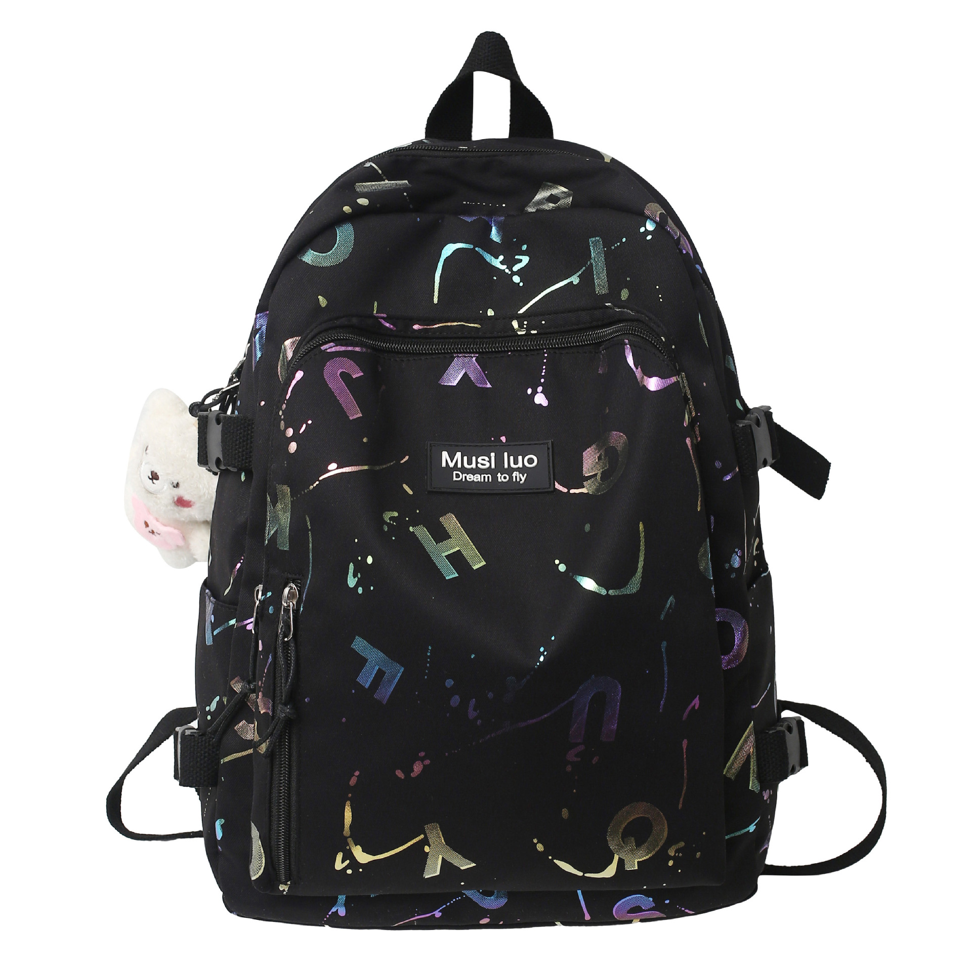 College student graffiti reflective simple schoolbag, versatile casual backpack, large-capacity Hansen series high appearance level backpack Item Picture