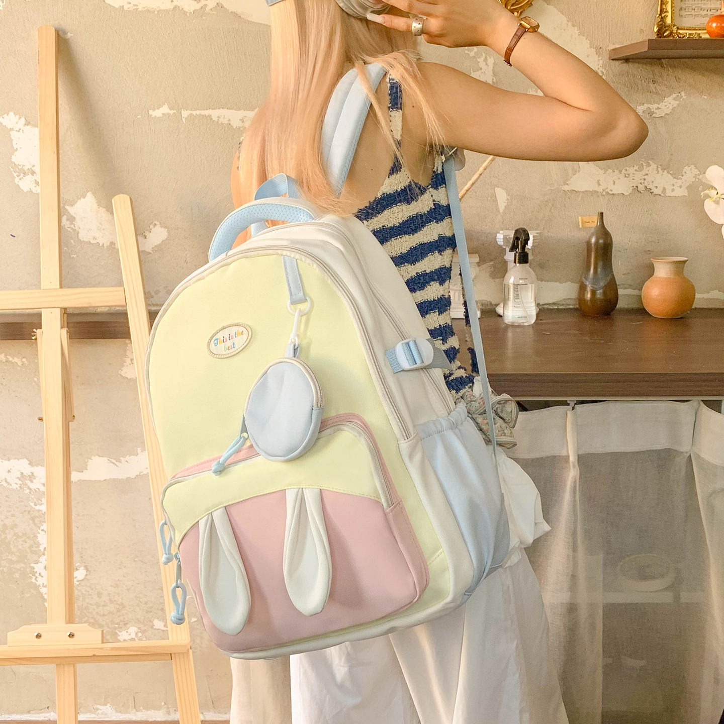 A new high-appearance-level Japanese ins fresh, sweet and cute rabbit-ear backpack with a color-blocking large capacity for girls details Picture