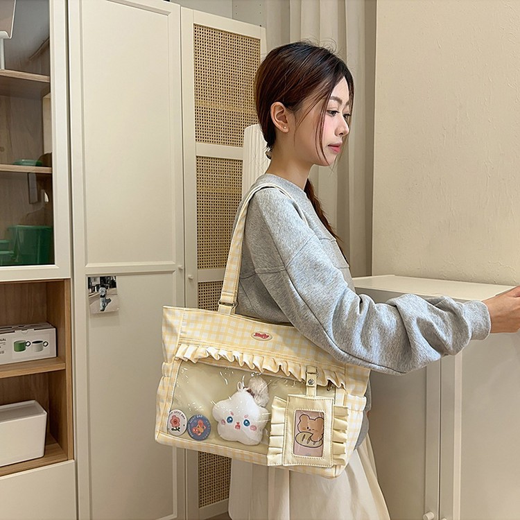 Japanese-style fresh and cute checkered bag with a small appetite, transparent pain-relieving bag, versatile, cute and sweet after-school bag, commuting and casual bag details Picture