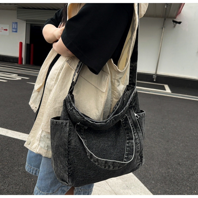 Large-capacity denim bag for women, 2024 new ins Japanese laid-back style single-shoulder bag, college student tote bag for class details Picture