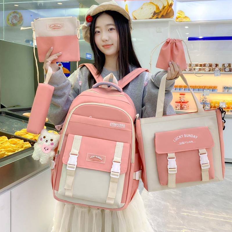 Five-piece cross-border supply schoolbag set, fashionable and versatile, for junior and senior high school girls, high appearance level, large-capacity backpack Application Scenario