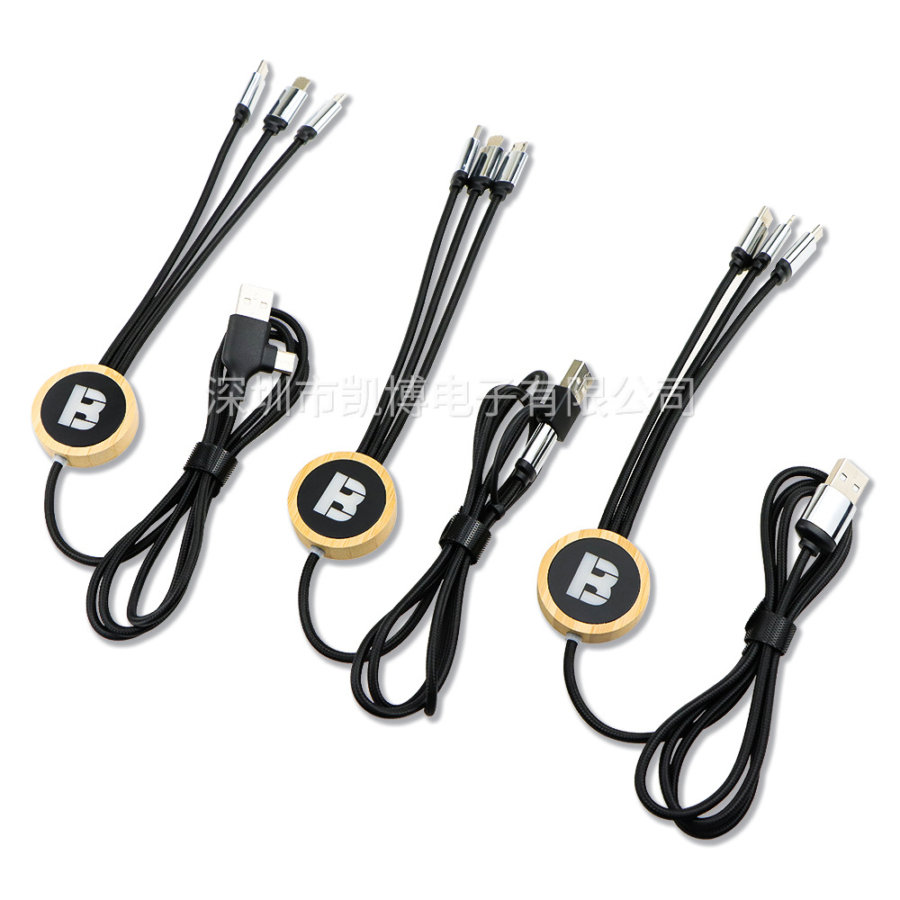 Bamboo and wood gifts are designed with a three-in-one illuminated LOGO, a mobile phone data cable, a six-in-one LED transparent LOGO, and a charging cable details Picture